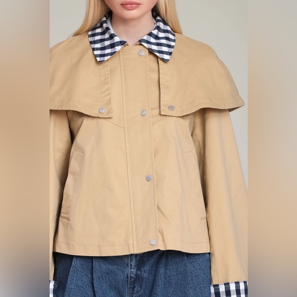 Avec Les Filles GINGHAM TRIM COTTON CAPE JACKET - Picture 5 of 5
